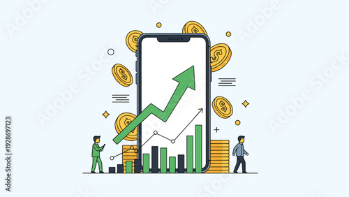 Mobile banking and investment growth are shown on a large smartphone screen with an upward green arrow and coins for financial success.