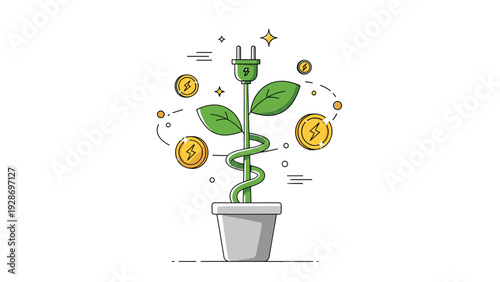 Green energy and sustainable investment concept shows a plant with a power plug stalk growing in a pot surrounded by energy coins.
