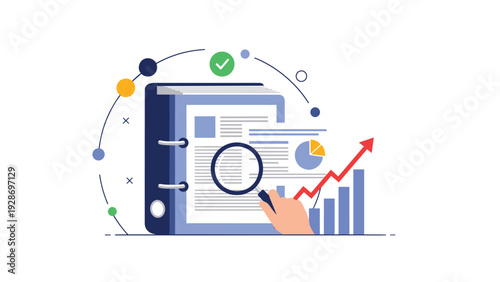 Business document audit and financial analysis are performed using a binder, magnifying glass, pie chart, and upward growth arrow symbol.