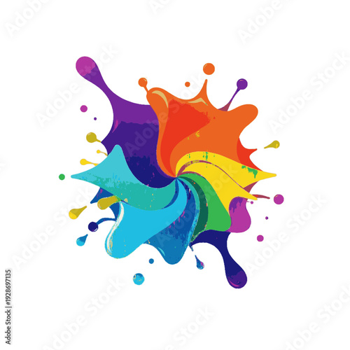 Vibrant Rainbow Paint Splash Spiral: Abstract Dynamic Color Burst with Artistic Ink Droplets and Swirling Fluid Motion for Creative Design Backgrounds on a Deep Black Canvas