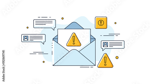 Phishing email alert and online message security are shown with an open envelope containing a warning sign and user chat notifications.