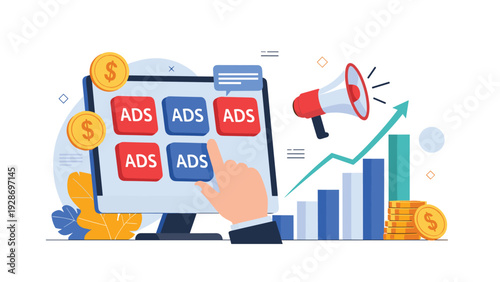 Digital advertising and marketing analytics are shown with a computer screen displaying ads, megaphone, and a hand pointing to growth.