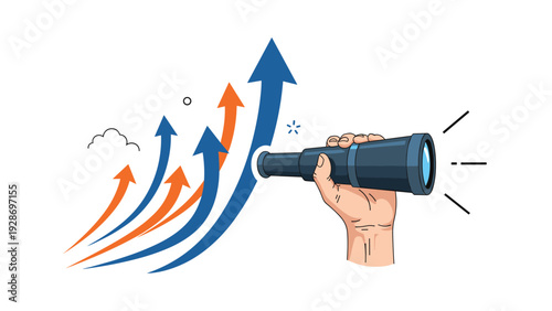 Business vision and future growth concept featuring a hand holding a telescope observing several upward-pointing blue and orange arrows.