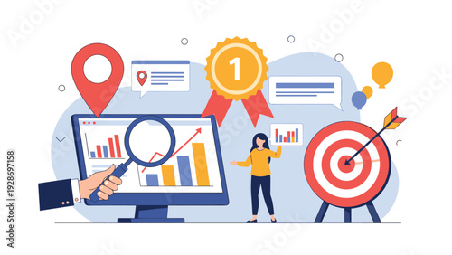 Hand holding a magnifying glass to inspect financial bar charts on a computer screen next to a red target and achievement award ribbon.