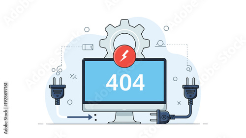 Website connection error 404 problem illustration showing a computer monitor with a red lightning bolt and disconnected electric power plugs.