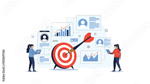 Targeted marketing and consumer data analysis concept showing a dart hitting a bullseye surrounded by user profiles and financial graphs.