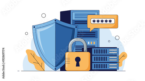 Data server security and network protection concept featuring a large blue shield, a yellow padlock, and multiple computer server racks.