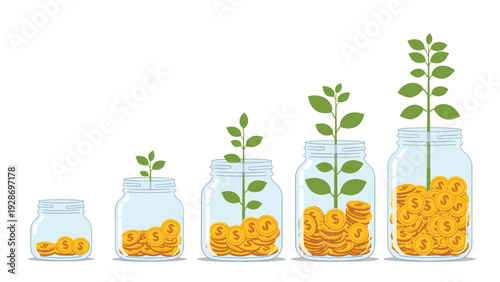 Personal savings and financial investment growth concept showing glass jars with increasing gold coins and a growing green plant inside.