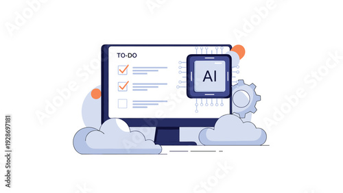 Artificial intelligence task management concept featuring a computer screen with a to-do list and an AI processor icon floating over clouds.