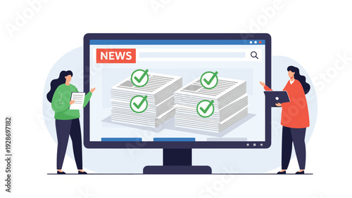 Online news verification and fact checking concept with two women standing by a large screen displaying news articles with green checkmarks.