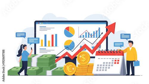 Business financial success and growth tracking concept showing stacks of cash, gold coins, bar charts on a monitor, and a rising red arrow.