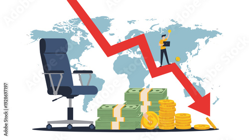 Global financial crisis and economic market crash concept featuring a red downward arrow over a world map and stacks of money on the floor.