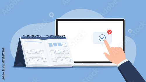Digital scheduling and appointment booking on a laptop computer with a hand clicking a confirmation checkmark and a calendar page.