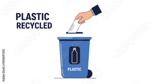 Eco-friendly waste management showing a hand throwing a clear plastic bottle into a blue recycling bin with the text plastic recycled.