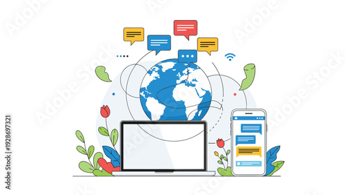 Worldwide connectivity and communication concept with a globe, laptop, mobile phone, and various chat bubbles in a natural setting.
