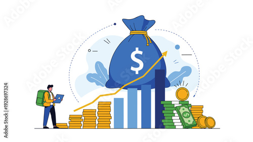 Wealth growth and investment journey showing a man with a backpack standing by coin stacks, a large money bag, and bar charts.