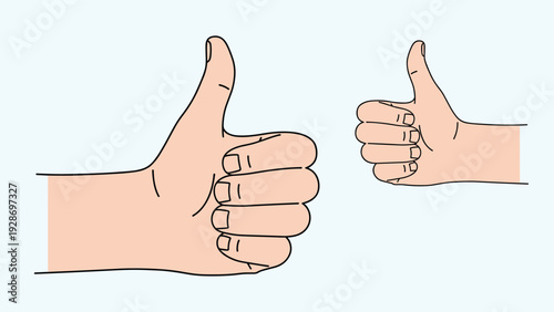 Positive customer feedback and approval concept showing two human hands giving big thumbs up gestures against a light blue background.