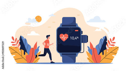 Smart fitness tracker and health monitoring showing a man running near a giant smartwatch that tracks heart rate and workout progress.