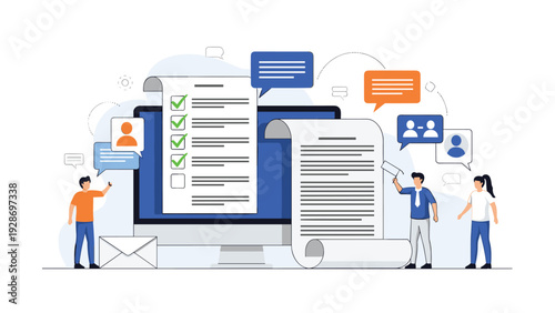Project management teamwork showing office workers checking tasks on a large computer screen with documents and message bubbles.