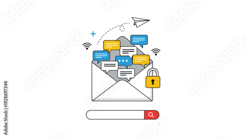 Secure email messaging and communication privacy concept showing an envelope filled with chat bubbles and protected by a gold padlock.