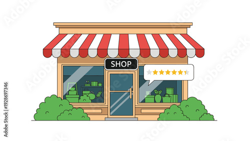 Charming illustration of a small shop facade with a red and white striped awning and a five star customer review rating bubble.