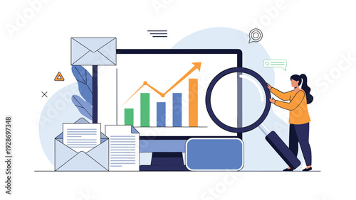Business analytics and marketing review showing a woman using a magnifying glass to inspect growth charts and mail icons on a monitor.