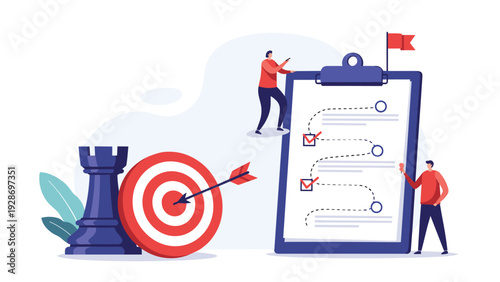 Strategic business goals and project planning showing people working on a checklist with a target board and a large chess piece.