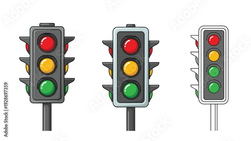 Three different styles of traffic light icons showing red yellow and green signals for road safety and transportation design.