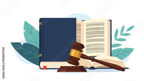 Legal and justice concept featuring a wooden judge gavel and an open law book on a white background with abstract leaves.