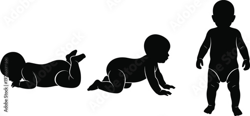 Baby development stages silhouette vector illustration, newborn lying crawling and toddler standing progression, child growth milestones concept, parenting and early childhood education theme