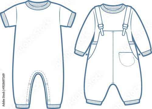 Baby clothing design silhouette, romper and overall fashion sketch, infant garment layout, cad drawing flat vector illustration, white background
