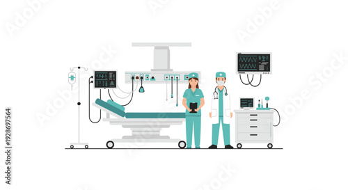 A male doctor and a female nurse stand in a clean hospital room equipped with a medical bed and various electronic monitoring devices.