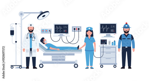 A doctor and nurse provide medical care to a patient in a hospital bed while a security officer stands in the room near monitors.