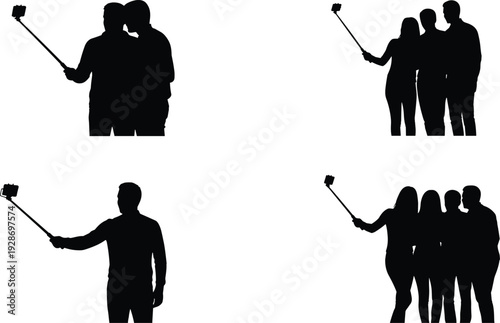 Set of black silhouettes featuring individuals and groups of friends taking selfies with mobile phones on selfie sticks isolated on white background for design. (25 words)