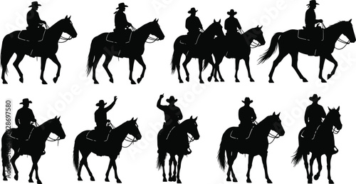 Set of black silhouettes featuring cowboys and cowgirls riding horses in various poses including walking, waving, and trotting for Western themed graphic designs.