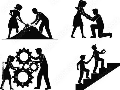 Set of black silhouettes showing people working together digging soil helping each other up stairs and fixing gears for business teamwork and cooperation concepts. (25 words)