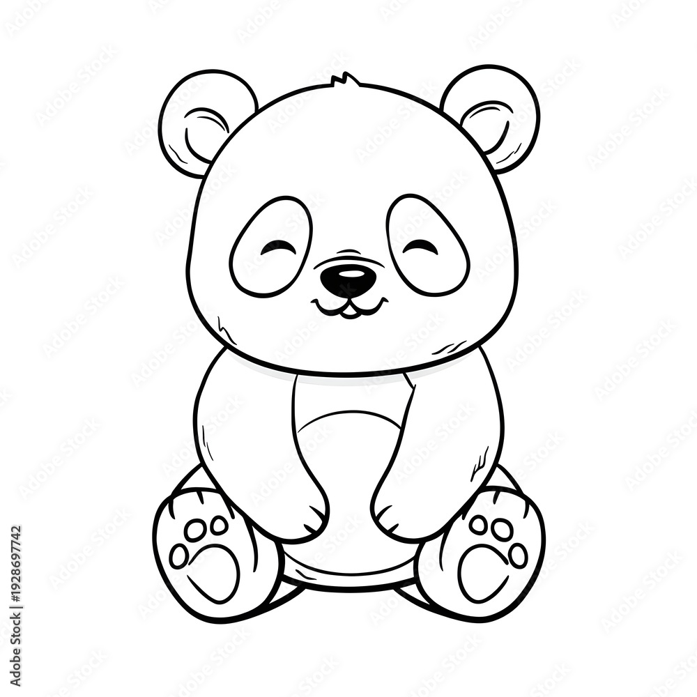 Fototapeta premium line art drawing of a happy, cartoon panda in a seated pose. Ideal for coloring books, children's designs, and kawaii themes.