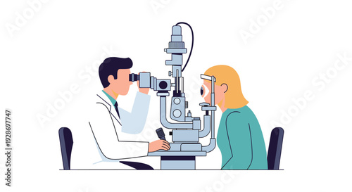 An eye doctor uses a professional slit lamp microscope to examine a female patient's eye during a medical checkup in a clinic.