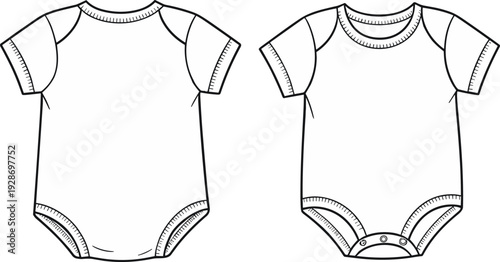 Baby onesie front and back view, short sleeve bodysuit design, vector fashion sketch, apparel template, cad drawing flat vector illustration