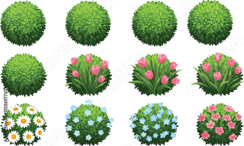 Set of Colorful Hand Drawn Vector Garden Bush Illustrations Including Green Shrubbery and Flowering Plants with Pink Blue and White Flowers Isolated on White Background (25 words)