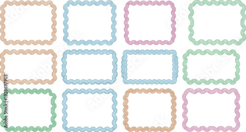 Set of colorful wavy rectangular frames and borders in blue green orange and pink colors for decorative labels stickers price tags and creative stationery designs