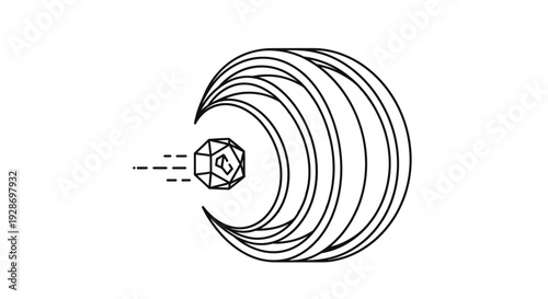 Minimalist line art icon depicting a twenty-sided die impacting a crescent moon shape
