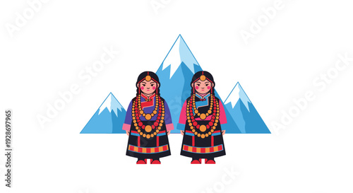 Two women wearing traditional Tibetan robes and heavy bead necklaces stand together in front of three stylized blue and white mountain peaks.