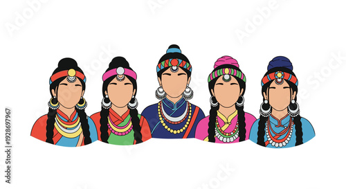 Five faceless women wearing colorful traditional Himalayan garments and intricate bead jewelry are arranged in a horizontal line against a white background.
