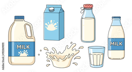 Milk Collection Vector Illustration: Bottles, Carton, Jug & Splash