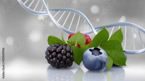 Fruits and DNA strands showcase the connection between nature and genetics in an educational display