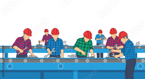 Seven factory workers wearing red hard hats and plaid shirts use wrenches to assemble mechanical parts along a blue conveyor belt system.