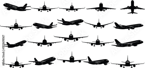 Set of detailed black airplane silhouettes isolated on white background featuring commercial passenger jets in diverse flying angles, views and positions for aviation travel design