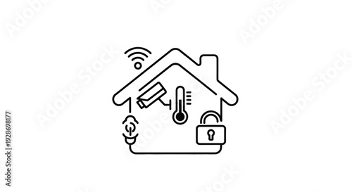 Digital smart home automation system icon with security camera and climate control features