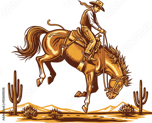 Dynamic western illustration of cowboy riding bucking horse in desert landscape with cacti and mountains, vintage style artwork perfect for rodeo, adventure, cultural, and design projects